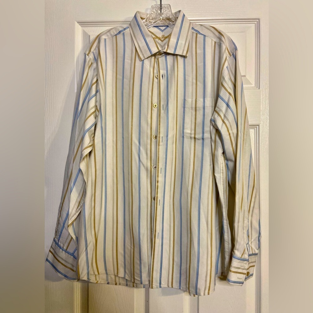 Tommy Bahama Shirt Mens LG Button Front 100% Silk King Sleeve Striped